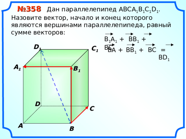  № 35 8 Дан параллелепипед АВС A 1 B 1 C 1 D 1 . Назовите вектор, начало и конец которого являются вершинами параллелепипеда, равный сумме векторов: B 1 A 1 + BB 1 + BC D 1 C 1  = BD 1  BA + BB 1 + BC  A 1  B 1 D С A В 