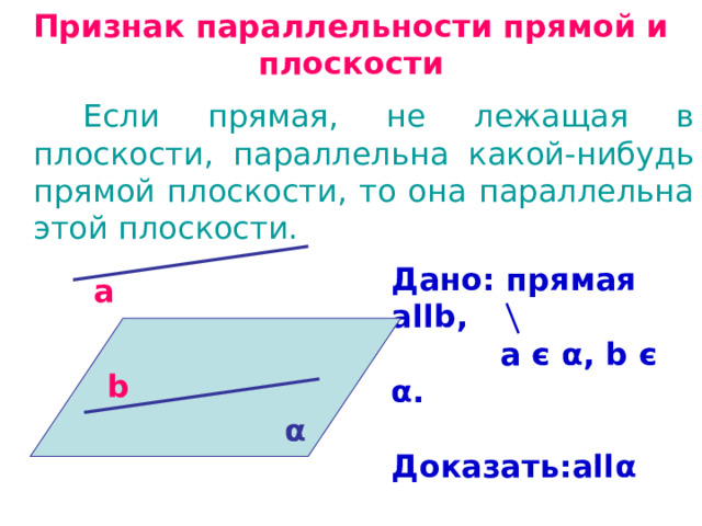 Признак параллельности прямой и плоскости Если прямая, не лежащая в плоскости, параллельна какой-нибудь прямой плоскости, то она параллельна этой плоскости. Дано: прямая a ll b,  a є  α , b  є  α .  Доказать: a ll α a b α 