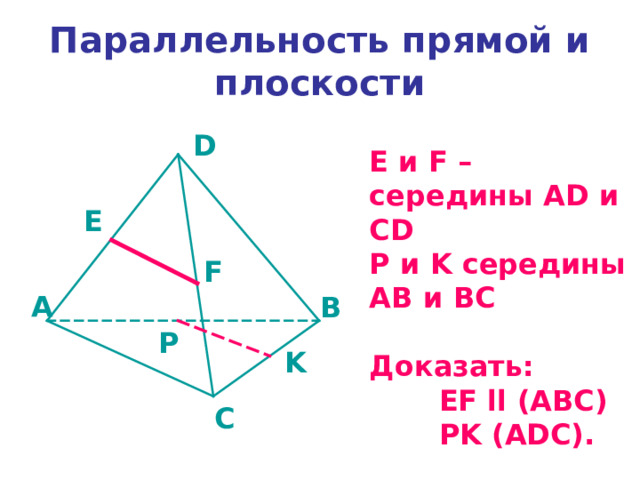 Параллельность прямой и плоскости D E и F – середины AD и CD P и K середины AB и BC  Доказать:  EF ll (ABC)  PK (ADC).  E F A B P K C 