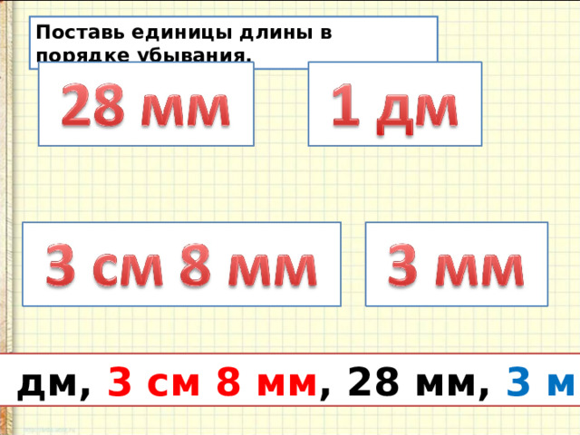 Поставь единицы длины в порядке убывания. 1 дм, 3 см 8 мм , 28 мм, 3 мм 