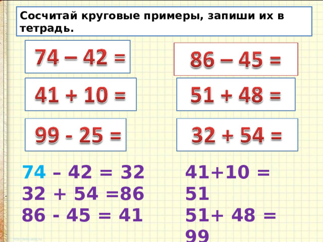 Сосчитай круговые примеры, запиши их в тетрадь. 74 – 42 = 32 41+10 = 51 51+ 48 = 99 99 –25 = 74 32 + 54 =86 86 - 45 = 41 