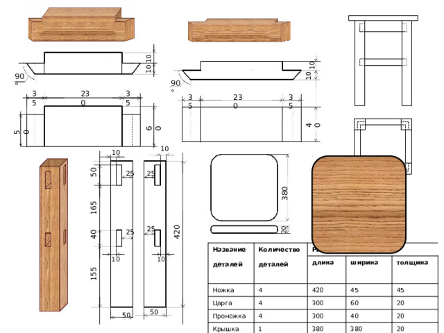 10 10 40 10 10 60 50 380 20 90° 90° 230 35 35 35 230 35 10 10 50 25 25 165 40 420 25 25 Название деталей Количество Ножка Размеры (в мм) деталей Царга длина 4 ширина Проножка 420 4 Крышка 300 толщина 45 4 45 60 300 1 20 40 380 20 380 20 10 10 155 50 50 