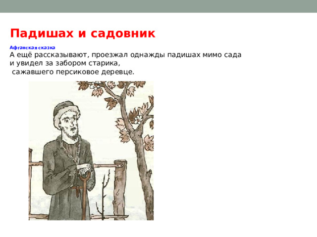 Падишах и садовник  Афганская сказка А ещё рассказывают, проезжал однажды падишах мимо сада и увидел за забором старика,  сажавшего персиковое деревце. 