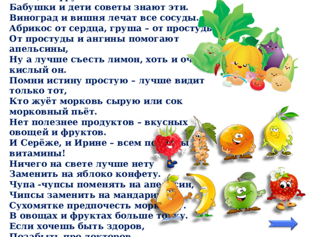 Полезные советы. Овощи и фрукты любят все на свете.  Бабушки и дети советы знают эти. Виноград и вишня лечат все сосуды.  Абрикос от сердца, груша – от простуды. От простуды и ангины помогают апельсины,  Ну а лучше съесть лимон, хоть и очень кислый он. Помни истину простую – лучше видит только тот,  Кто жуёт морковь сырую или сок морковный пьёт. Нет полезнее продуктов – вкусных овощей и фруктов.  И Серёже, и Ирине – всем полезны витамины! Ничего на свете лучше нету  Заменить на яблоко конфету. Чупа -чупсы поменять на апельсин,  Чипсы заменить на мандарин. Сухомятке предпочесть морковку.  В овощах и фруктах больше толку. Если хочешь быть здоров,  Позабыть про докторов,  Кушай овощи и фрукты.  Это лучшие продукты! 48 