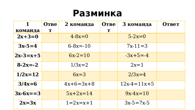  Разминка 1 команда Ответ 2x+3=0 2 команда 3x-5=4 2x-3=x+5 Ответ 4-8x=0 3 команда 6-8x=-10 8-2x=-2 6x-2=10 5-2x=0 Ответ 1/2x=12 7x-11=3 1/3x=2 3/4x=6 -3x+5=-4 6x=3 3x-6x==3 2x=1 4x+6=3x+8 2x=3x 2/3x=4 5x+2x=14 12x-4=11x+5 1=2x=x+1 9x-4x=10 3x-5=7x-5 
