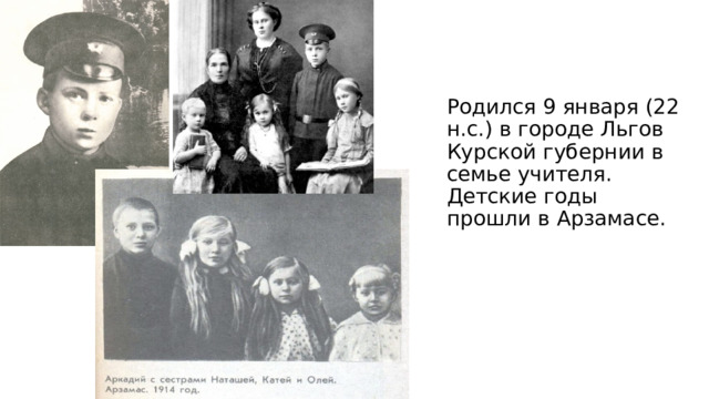Родился 9 января (22 н.с.) в городе Льгов Курской губернии в семье учителя. Детские годы прошли в Арзамасе. 