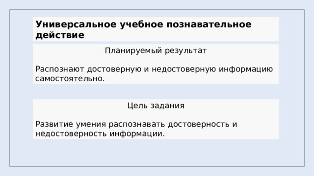 Универсальное учебное познавательное действие Планируемый результат Распознают достоверную и недостоверную информацию самостоятельно. Цель задания Развитие умения распознавать достоверность и недостоверность информации. 