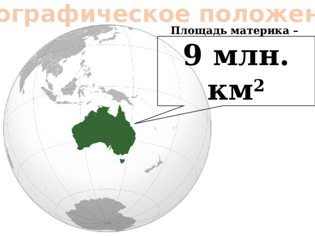 Географическое положение Площадь материка – 9 млн. км 2 