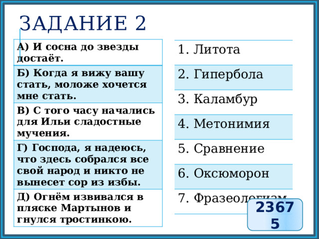 Задание 2 А) И сосна до звезды достаёт. Б) Когда я вижу вашу стать, моложе хочется мне стать. В) С того часу начались для Ильи сладостные мучения. Г) Господа, я надеюсь, что здесь собрался все свой народ и никто не вынесет сор из избы. Д) Огнём извивался в пляске Мартынов и гнулся тростинкою. 1. Литота 2. Гипербола 3. Каламбур 4. Метонимия 5. Сравнение 6. Оксюморон 7. Фразеологизм 23675 