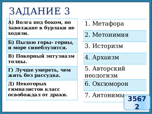 Задание 3 А) Волга под боком, но заволжане в бурлаки не ходили. Б) Пылаю горы- горны, и море синеблузится. В) Покорный энтузиазм толпы. Г) Лучше умереть, чем жить без рассудка. Д) Некоторых гимназистов класс освобождал от драки. 1. Метафора 2. Метонимия 3. Историзм 4. Архаизм 5. Авторский неологизм 6. Оксюморон 7. Антонимы 35672 