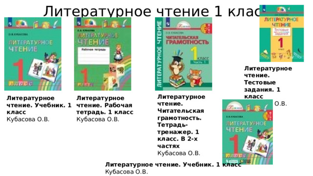 Литературное чтение 1 класс Литературное чтение. Тестовые задания. 1 класс  Кубасова О.В. Литературное чтение. Читательская грамотность. Тетрадь-тренажер. 1 класс. В 2-х частях  Кубасова О.В. Литературное чтение. Учебник. 1 класс  Кубасова О.В. Литературное чтение. Рабочая тетрадь. 1 класс  Кубасова О.В. Литературное чтение. Учебник. 1 класс  Кубасова О.В. 