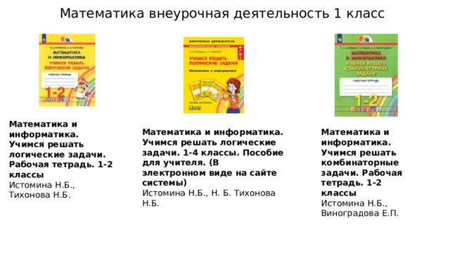 Математика внеурочная деятельность 1 класс Математика и информатика. Учимся решать логические задачи. Рабочая тетрадь. 1-2 классы  Истомина Н.Б., Тихонова Н.Б. Математика и информатика. Учимся решать логические задачи. 1-4 классы. Пособие для учителя. (В электронном виде на сайте системы)  Истомина Н.Б., Н. Б. Тихонова Н.Б. Математика и информатика. Учимся решать комбинаторные задачи. Рабочая тетрадь. 1-2 классы  Истомина Н.Б., Виноградова Е.П. 