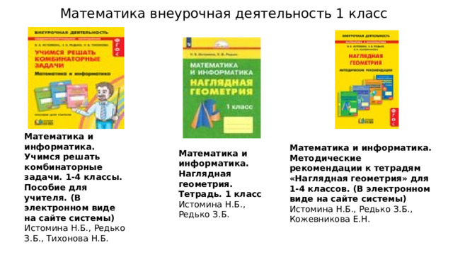 Математика внеурочная деятельность 1 класс Математика и информатика. Учимся решать комбинаторные задачи. 1-4 классы. Пособие для учителя. (В электронном виде на сайте системы)  Истомина Н.Б., Редько З.Б., Тихонова Н.Б.   Математика и информатика. Методические рекомендации к тетрадям «Наглядная геометрия» для 1-4 классов. (В электронном виде на сайте системы)  Истомина Н.Б., Редько З.Б., Кожевникова Е.Н. Математика и информатика. Наглядная геометрия. Тетрадь. 1 класс  Истомина Н.Б., Редько З.Б. 