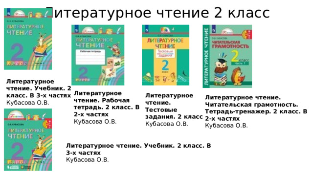 Литературное чтение 2 класс Литературное чтение. Учебник. 2 класс. В 3-х частях  Кубасова О.В. Литературное чтение. Рабочая тетрадь. 2 класс. В 2-х частях  Кубасова О.В. Литературное чтение. Тестовые задания. 2 класс  Кубасова О.В. Литературное чтение. Читательская грамотность. Тетрадь-тренажер. 2 класс. В 2-х частях  Кубасова О.В. Литературное чтение. Учебник. 2 класс. В 3-х частях  Кубасова О.В. 