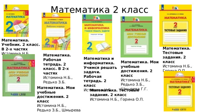 Математика 2 класс Математика. Учебник. 2 класс. В 2-х частях  Истомина Н.Б. Математика. Тестовые задания. 2 класс  Истомина Н.Б., Горина О.П. Математика. Рабочая тетрадь. 2 класс. В 2-х частях  Истомина Н.Б., Редько З.Б. Математика и информатика. Учимся решать задачи. Рабочая тетрадь. 2 класс  Истомина Н.Б. Математика. Мои учебные достижения. 2 класс  Истомина Н.Б., Редько З.Б., Шмырева Г.Г. Математика. Мои учебные достижения. 2 класс  Истомина Н.Б., Редько З.Б., Шмырева Г.Г. Математика. Тестовые задания. 2 класс  Истомина Н.Б., Горина О.П. 