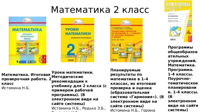 Математика 2 класс Программы общеобразовательных учреждений. Математика. Программа. 1-4 классы. Поурочно-тематическое планирование. 1-4 классы. (В электронном виде на сайте системы)  Истомина Н.Б. Планируемые результаты по математике в 1–4 классах, их итоговая проверка и оценка (образовательная система «Гармония»). (В электронном виде на сайте системы)  Истомина Н.Б., Горина О.П., Смолеусова Т.В., Тихонова Н.Б. Уроки математики. Методические рекомендации к учебнику для 2 класса (с примером рабочей программы). (В электронном виде на сайте системы)  Истомина Н.Б., Редько З.Б., Тихонова Н.Б. Математика. Итоговая проверочная работа. 2 класс  Истомина Н.Б. 