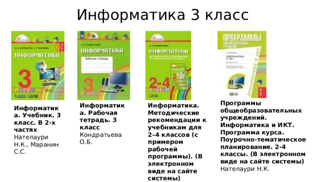 Информатика 3 класс Программы общеобразовательных учреждений. Информатика и ИКТ. Программа курса. Поурочно-тематическое планирование. 2-4 классы. (В электронном виде на сайте системы)  Нателаури Н.К. Информатика. Рабочая тетрадь. 3 класс  Кондратьева О.Б. Информатика. Методические рекомендации к учебникам для 2–4 классов (с примером рабочей программы). (В электронном виде на сайте системы)  Кондратьева О.Б. Информатика. Учебник. 3 класс. В 2-х частях  Нателаури Н.К., Маранин С.С. 