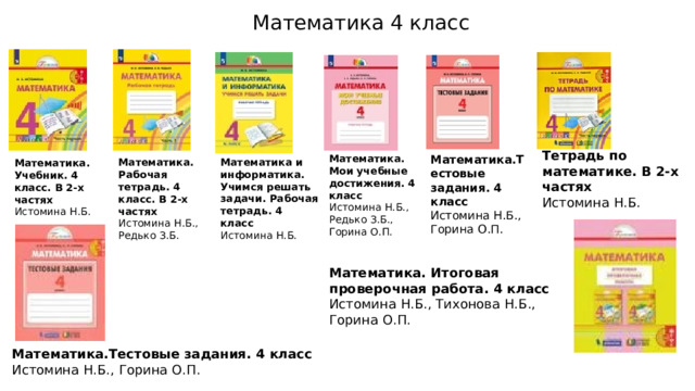 Математика 4 класс Тетрадь по математике. В 2-х частях  Истомина Н.Б. Математика.Тестовые задания. 4 класс  Истомина Н.Б., Горина О.П. Математика. Мои учебные достижения. 4 класс  Истомина Н.Б., Редько З.Б., Горина О.П. Математика и информатика. Учимся решать задачи. Рабочая тетрадь. 4 класс  Истомина Н.Б. Математика. Рабочая тетрадь. 4 класс. В 2-х частях  Истомина Н.Б., Редько З.Б. Математика. Учебник. 4 класс. В 2-х частях  Истомина Н.Б. Математика. Итоговая проверочная работа. 4 класс  Истомина Н.Б., Тихонова Н.Б., Горина О.П. Математика.Тестовые задания. 4 класс  Истомина Н.Б., Горина О.П. 