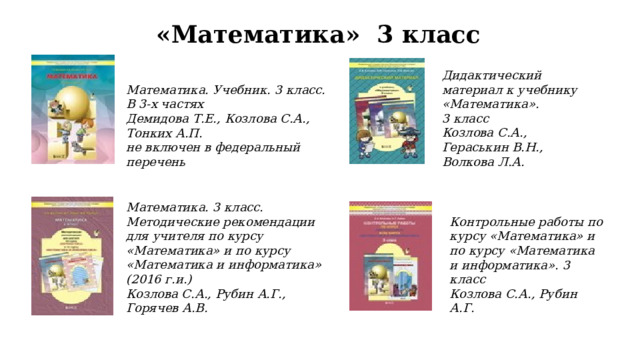 «Математика» 3 класс Дидактический материал к учебнику «Математика». 3 класс Козлова С.А., Гераськин В.Н., Волкова Л.А. Математика. Учебник. 3 класс. В 3-х частях Демидова Т.Е., Козлова С.А., Тонких А.П. не включен в федеральный перечень Математика. 3 класс. Методические рекомендации для учителя по курсу «Математика» и по курсу «Математика и информатика» (2016 г.и.) Козлова С.А., Рубин А.Г., Горячев А.В. Контрольные работы по курсу «Математика» и по курсу «Математика и информатика». 3 класс Козлова С.А., Рубин А.Г. 