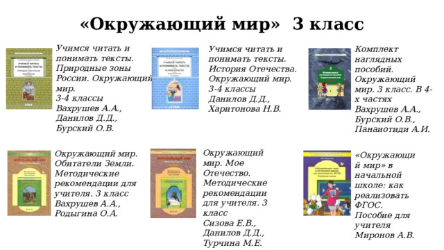 «Окружающий мир» 3 класс Учимся читать и понимать тексты. Природные зоны России. Окружающий мир. 3-4 классы  Вахрушев А.А., Данилов Д.Д., Бурский О.В. Учимся читать и понимать тексты. История Отечества. Окружающий мир. 3-4 классы Данилов Д.Д., Харитонова Н.В. Комплект наглядных пособий. Окружающий мир. 3 класс. В 4-х частях Вахрушев А.А., Бурский О.В., Панаиотиди А.И. Окружающий мир. Мое Отечество. Методические рекомендации для учителя. 3 класс Сизова Е.В., Данилов Д.Д., Турчина М.Е. Окружающий мир. Обитатели Земли. Методические рекомендации для учителя. 3 класс Вахрушев А.А., Родыгина О.А. «Окружающий мир» в начальной школе: как реализовать ФГОС. Пособие для учителя Миронов А.В. 