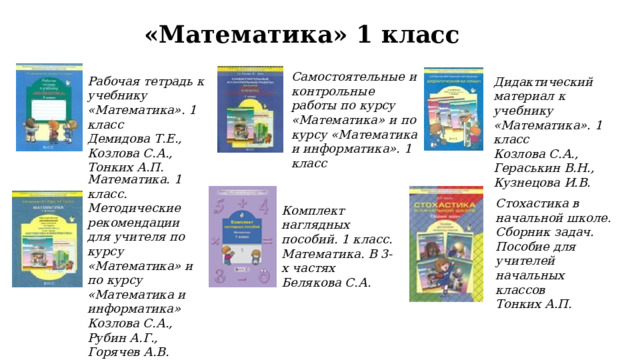 «Математика» 1 класс Самостоятельные и контрольные работы по курсу «Математика» и по курсу «Математика и информатика». 1 класс Рабочая тетрадь к учебнику «Математика». 1 класс Демидова Т.Е., Козлова С.А., Тонких А.П. Дидактический материал к учебнику «Математика». 1 класс Козлова С.А., Гераськин В.Н., Кузнецова И.В. Математика. 1 класс. Методические рекомендации для учителя по курсу «Математика» и по курсу «Математика и информатика» Козлова С.А., Рубин А.Г., Горячев А.В. Стохастика в начальной школе. Сборник задач. Пособие для учителей начальных классов Тонких А.П. Комплект наглядных пособий. 1 класс. Математика. В 3-х частях Белякова С.А. 
