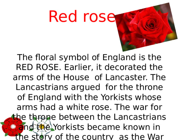 Red rose The floral symbol of England is the RED ROSE. Earlier, it decorated the arms of the House  of Lancaster. The Lancastrians argued  for the throne of England with the Yorkists whose arms had a white rose. The war for the throne between the Lancastrians and the Yorkists became known in the story of the country  as the War of the Red and White Rose. It lasted 30 years ( 1455-1485). Then the Lancastrians won the war their arms of the Red Rose became the symbol of the whole England. 