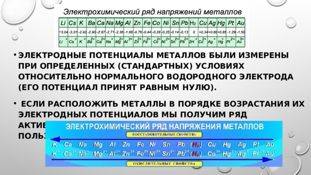 Электродные потенциалы металлов были измерены при определенных (стандартных) условиях относительно нормального водородного электрода (его потенциал принят равным нулю).  Если расположить металлы в порядке возрастания их электродных потенциалов мы получим ряд активности металлов, которым научились пользоваться еще в школе. 