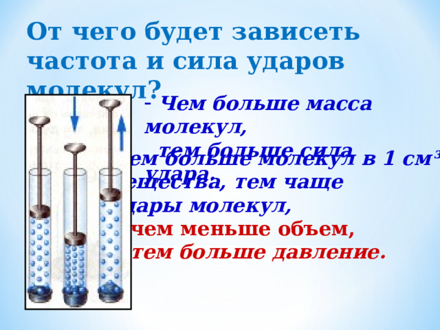 От чего будет зависеть частота и сила ударов молекул?  Чем больше масса молекул,  тем больше сила удара.  Чем больше молекул в 1 см ³   вещества, тем чаще  удары молекул,  чем меньше объем,  тем больше давление. 