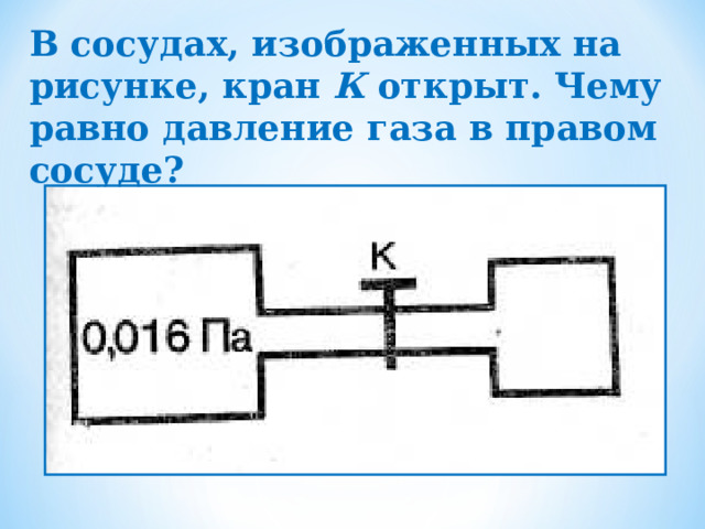 В сосудах, изображенных на рисунке, кран К открыт. Чему равно давление газа в правом сосуде? 