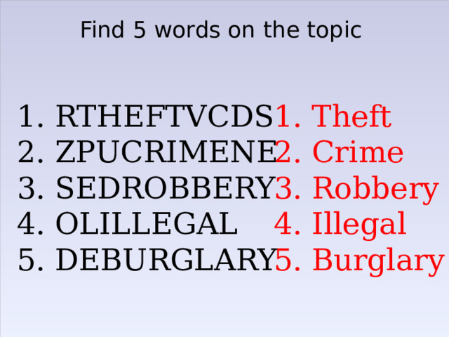 Find 5 words on the topic 1. RTHEFTVCDS 1. Theft 2. ZPUCRIMENE 2. Crime 3. SEDROBBERY 3. Robbery 4. OLILLEGAL 4. Illegal 5. DEBURGLARY 5. Burglary 