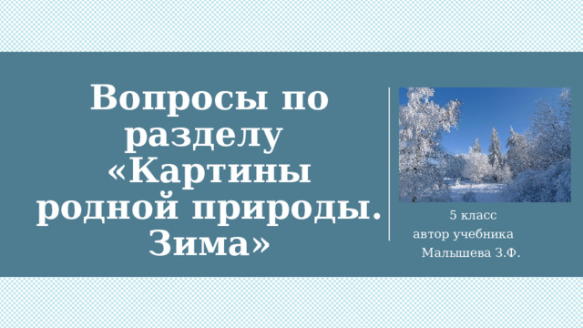 Вопросы по разделу  «Картины родной природы. Зима» 5 класс автор учебника Малышева З.Ф. 1 