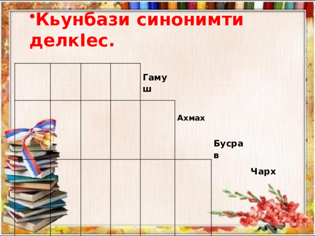 Кьунбази синонимти делкIес.  Гамуш  Ахмах Гъавгъа Бусрав Чарх 