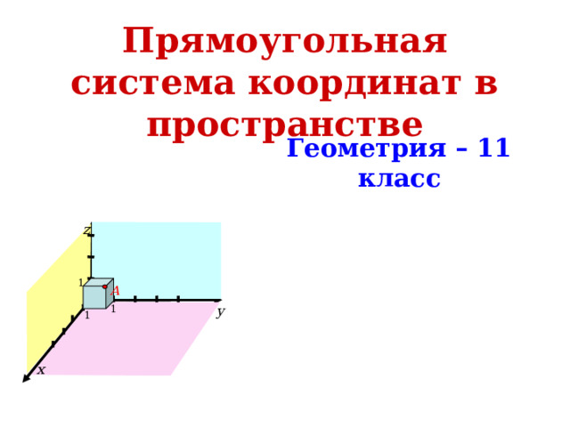 Прямоугольная система координат в пространстве Геометрия – 11 класс     z 1 A О 1 y 1 x 