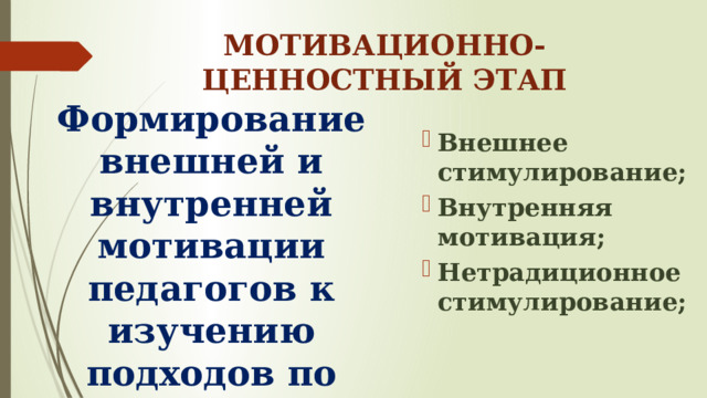 МОТИВАЦИОННО-ЦЕННОСТНЫЙ ЭТАП Формирование внешней и внутренней мотивации педагогов к изучению подходов по руководству сюжетно-ролевой деятельностью Внешнее стимулирование; Внутренняя мотивация; Нетрадиционное стимулирование; 