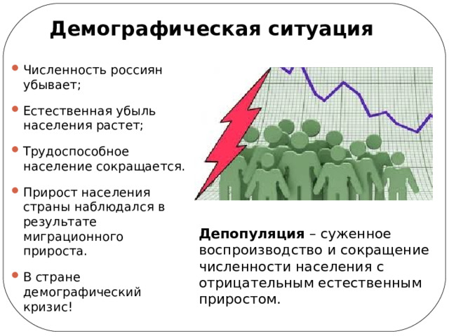 Демографическая ситуация Численность россиян убывает; Естественная убыль населения растет; Трудоспособное население сокращается. Прирост населения страны наблюдался в результате миграционного прироста. В стране демографический кризис! Депопуляция – суженное воспроизводство и сокращение численности населения с отрицательным естественным приростом.  
