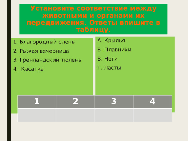 Установите соответствие между животным. Установите соответствие между плавниками.