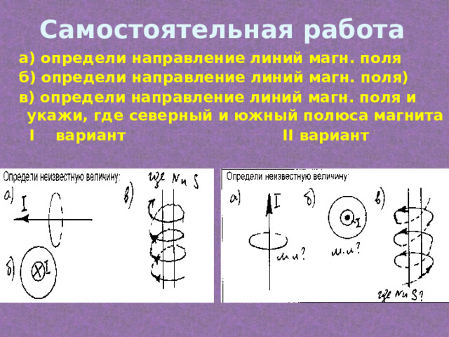 Самостоятельная работа a) определи направление линий магн. поля б) определи направление линий магн. поля) в) определи направление линий магн. поля и укажи, где северный и южный полюса магнита  I вариант II вариант 