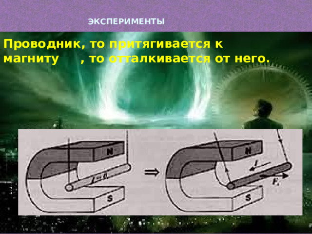 ЭКСПЕРИМЕНТЫ   Проводник, то притягивается к магниту , то отталкивается от него. 
