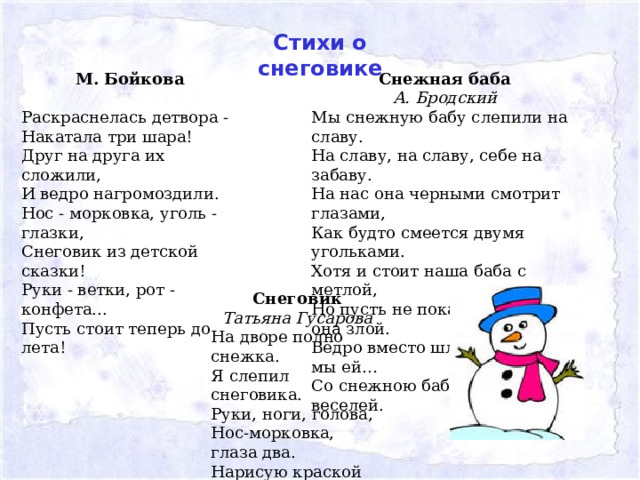 Стихи о снеговике М. Бойкова Снежная баба  Раскраснелась детвора -  Накатала три шара!  Друг на друга их сложили,  И ведро нагромоздили.  Нос - морковка, уголь - глазки,  Снеговик из детской сказки!  Руки - ветки, рот - конфета...  Пусть стоит теперь до лета!  А. Бродский Мы снежную бабу слепили на славу.  На славу, на славу, себе на забаву.  На нас она черными смотрит глазами,  Как будто смеется двумя угольками.  Хотя и стоит наша баба с метлой,  Но пусть не покажется вам она злой.  Ведро вместо шляпы надели мы ей…  Со снежною бабой игра веселей. Снеговик Татьяна Гусарова На дворе полно снежка.  Я слепил снеговика.  Руки, ноги, голова,  Нос-морковка, глаза два. Нарисую краской рот.  Пусть порадует народ!    