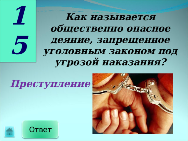 15 Как называется общественно опасное деяние, запрещенное уголовным законом под угрозой наказания? Преступление Ответ 