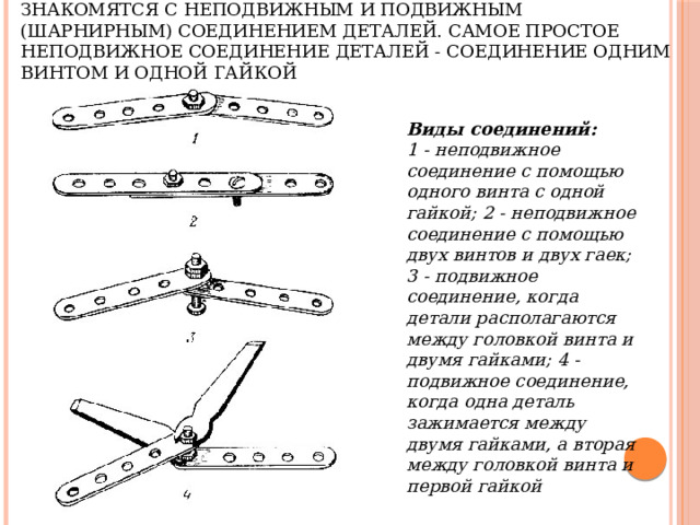 В работе с металлическим конструктором учащиеся знакомятся с неподвижным и подвижным (шарнирным) соединением деталей. Самое простое неподвижное соединение деталей - соединение одним винтом и одной гайкой Виды соединений: 1 - неподвижное соединение с помощью одного винта с одной гайкой; 2 - неподвижное соединение с помощью двух винтов и двух гаек; 3 - подвижное соединение, когда детали располагаются между головкой винта и двумя гайками; 4 - подвижное соединение, когда одна деталь зажимается между двумя гайками, а вторая между головкой винта и первой гайкой 