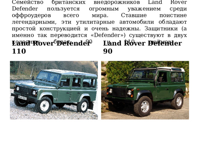  Семейство британских внедорожников Land Rover Defender пользуется огромным уважением среди оффроудеров всего мира. Ставшие поистине легендарными, эти утилитарные автомобили обладают простой конструкцией и очень надежны. Защитники (а именно так переводится «Defender») существуют в двух колесных базах: 90 и 110 дюймов.   Land Rover Defender 110 Land Rover Defender 90 