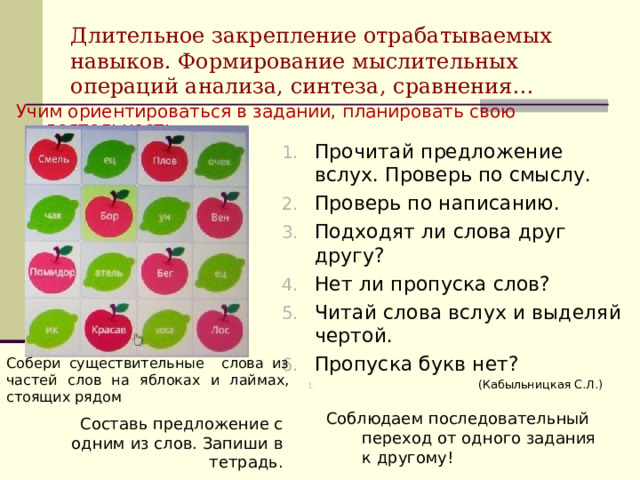 Длительное закрепление отрабатываемых навыков. Формирование мыслительных операций анализа, синтеза, сравнения… Учим ориентироваться в задании, планировать свою деятельность Прочитай предложение вслух. Проверь по смыслу. Проверь по написанию. Подходят ли слова друг другу? Нет ли пропуска слов? Читай слова вслух и выделяй чертой. Пропуска букв нет?  (Кабыльницкая С.Л.)  (Кабыльницкая С.Л.) Собери существительные слова из частей слов на яблоках и лаймах, стоящих рядом Соблюдаем последовательный переход от одного задания к другому! Составь предложение с одним из слов. Запиши в тетрадь. 