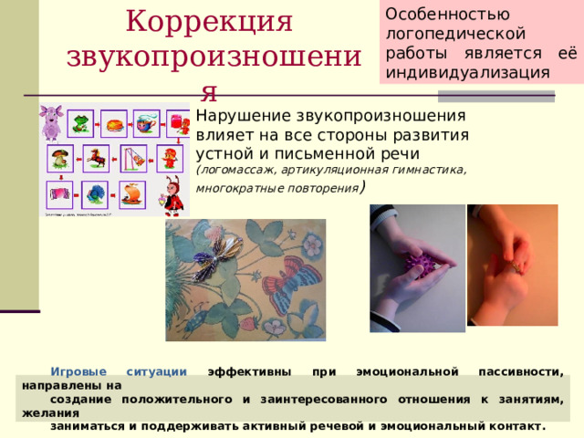 Особенностью логопедической работы является её индивидуализация Коррекция  звукопроизношения  Нарушение звукопроизношения влияет на все стороны развития устной и письменной речи (логомассаж, артикуляционная гимнастика, многократные повторения )  Игровые ситуации эффективны при эмоциональной пассивности, направлены на создание положительного и заинтересованного отношения к занятиям, желания заниматься и поддерживать активный речевой и эмоциональный контакт. 