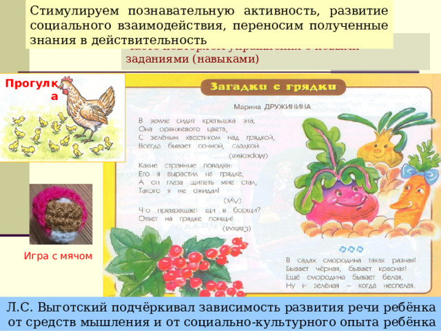 Стимулируем познавательную активность, развитие социального взаимодействия, переносим полученные знания в действительность Часто повторяем упражнения с новыми заданиями (навыками) Прогулка Игра с мячом  Л.С. Выготский подчёркивал зависимость развития речи ребёнка от средств мышления и от социально-культурного опыта ребёнка 