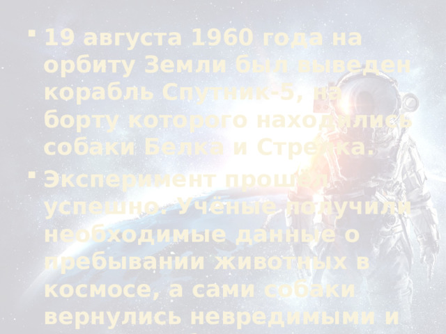 19 августа 1960 года на орбиту Земли был выведен корабль Спутник-5, на борту которого находились собаки Белка и Стрелка. Эксперимент прошёл успешно. Учёные получили необходимые данные о пребывании животных в космосе, а сами собаки вернулись невредимыми и хорошо себя чувствовали. 