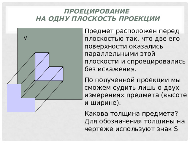 Проецирование  на одну плоскость проекции Предмет расположен перед плоскостью так, что две его поверхности оказались параллельными этой плоскости и спроецировались без искажения. По полученной проекции мы сможем судить лишь о двух измерениях предмета (высоте и ширине). Какова толщина предмета? Для обозначения толщины на чертеже используют знак S V 