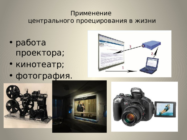 Применение  центрального проецирования в жизни работа проектора; кинотеатр; фотография. 