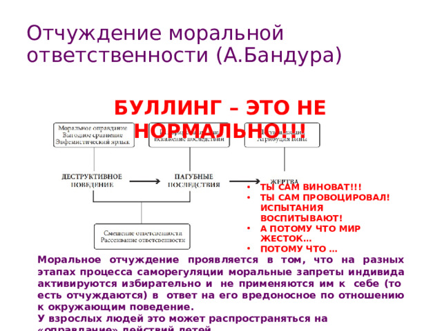 Отчуждение моральной ответственности (А.Бандура) БУЛЛИНГ – ЭТО НЕ НОРМАЛЬНО!!! ТЫ САМ ВИНОВАТ!!! ТЫ САМ ПРОВОЦИРОВАЛ!  ИСПЫТАНИЯ ВОСПИТЫВАЮТ! А ПОТОМУ ЧТО МИР ЖЕСТОК… ПОТОМУ ЧТО … Моральное отчуждение проявляется в том, что на разных этапах процесса саморегуляции моральные запреты индивида активируются избирательно и  не применяются им к  себе (то  есть отчуждаются) в  ответ на его вредоносное по отношению к окружающим поведение. У взрослых людей это может распространяться на «оправдание» действий детей. 