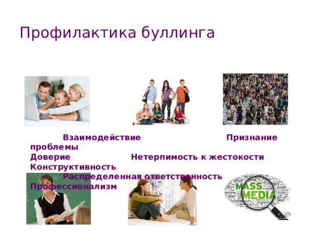 Профилактика буллинга  Взаимодействие    Признание проблемы Доверие   Нетерпимость к жестокости  Конструктивность   Распределенная ответственность  Профессионализм  
